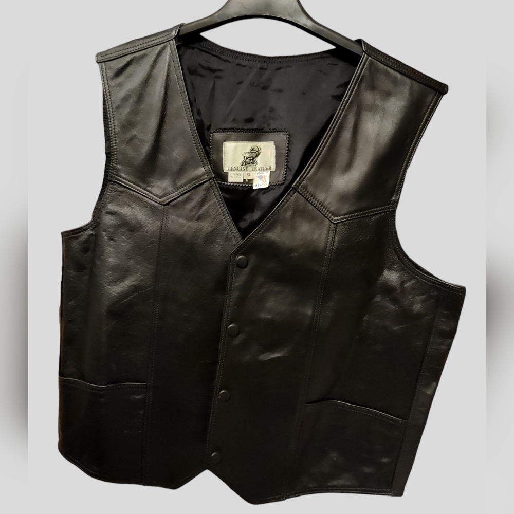 Vintage Genuine Black Leather Vest Sz XL Made In The USA